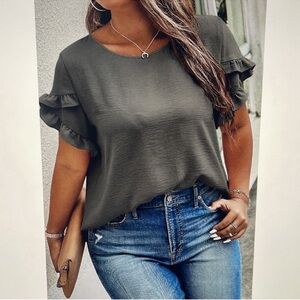 Elegant Ruffle Sleeve Top in Charcoal Gray